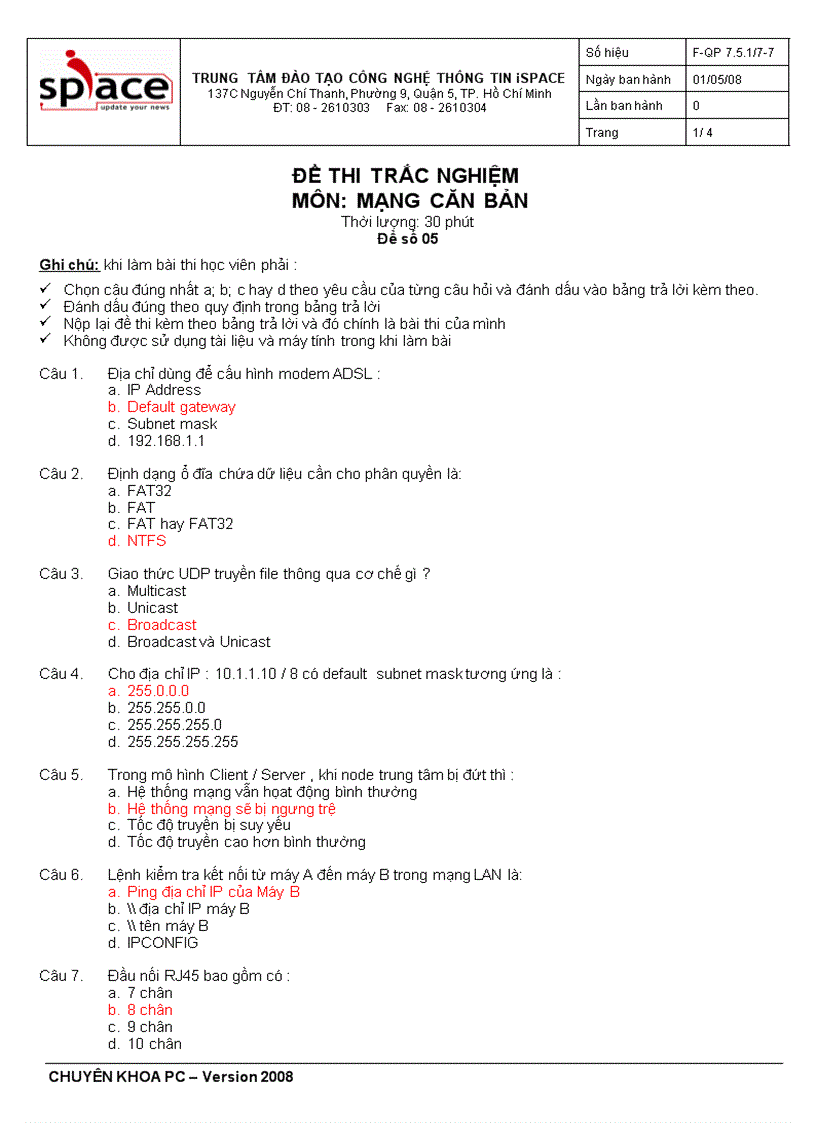 ĐỀ THI TRẮC NGHIỆM MÔN MẠNG CĂN BẢN Đề số 05