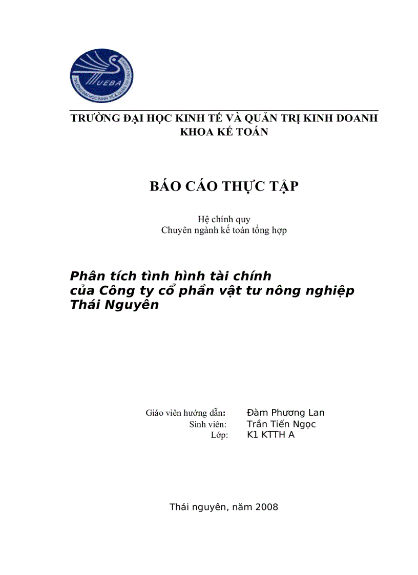 Phân tích tình hình tài chính của Công ty cổ phần vật tư nông nghiệp Thái Nguyên