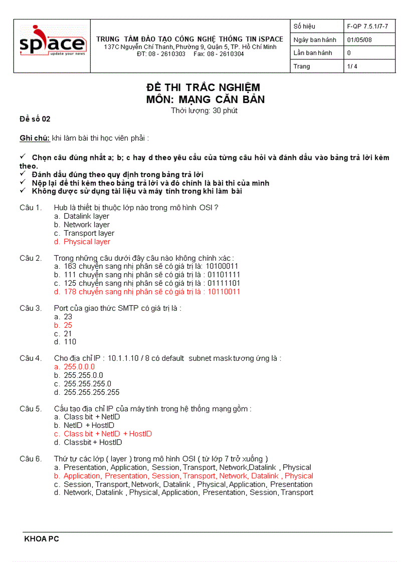 ĐỀ THI TRẮC NGHIỆM MÔN MẠNG CĂN BẢN Đề số 02