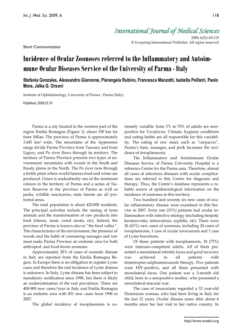 Báo cáo y học Incidence of Ocular Zoonoses referred to the Inflammatory and Autoimmune Ocular Diseases Service of the University of Parma Italy