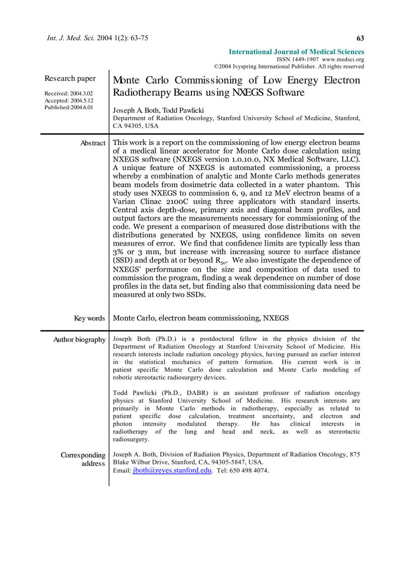 Báo cáo y học Monte Carlo Commissioning of Low Energy Electron Radiotherapy Beams using NXEGS Software