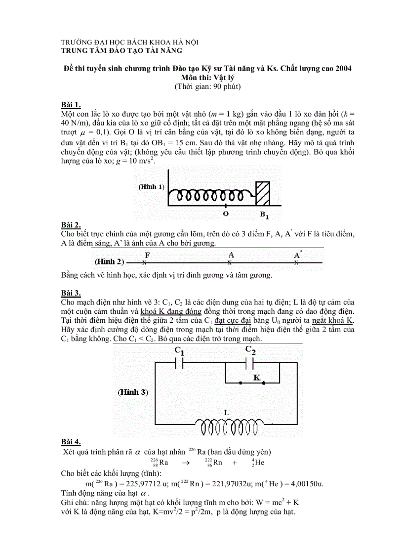 Đề thi tuyển sinh môn vật lý 1