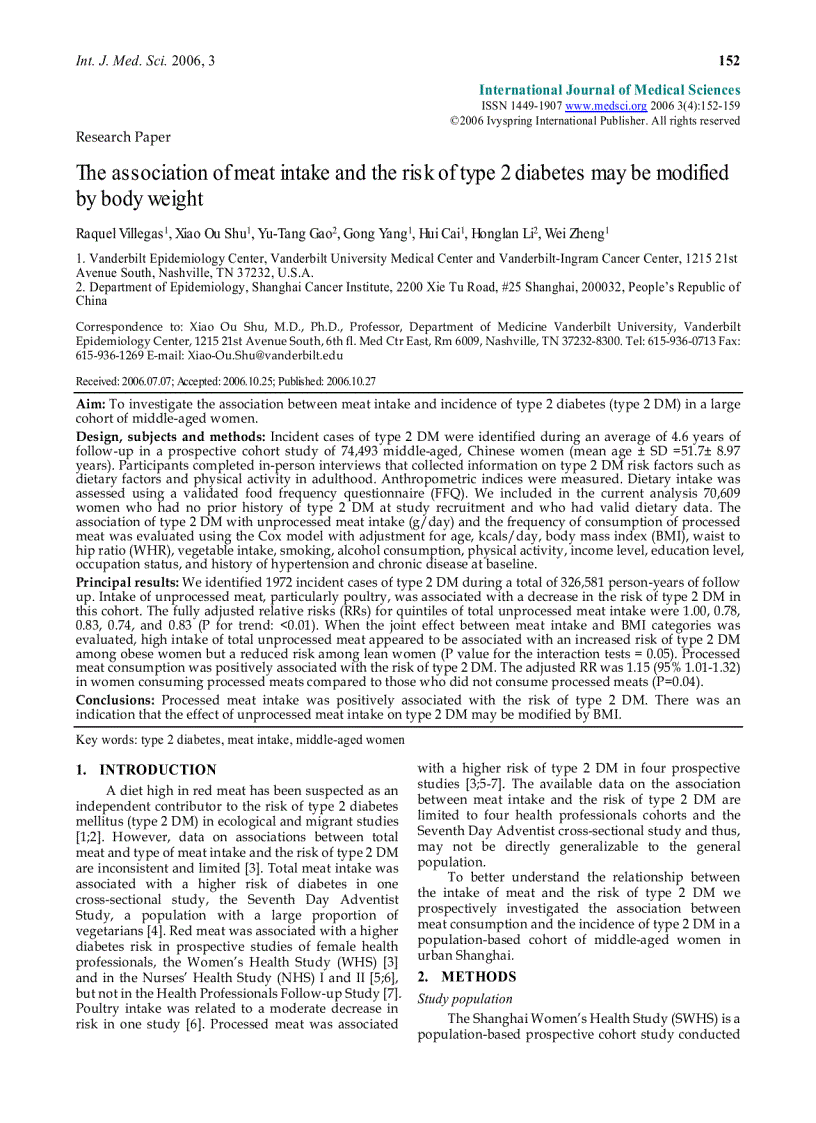 Báo cáo y học The association of meat intake and the risk of type 2 diabetes may be modified by body weight