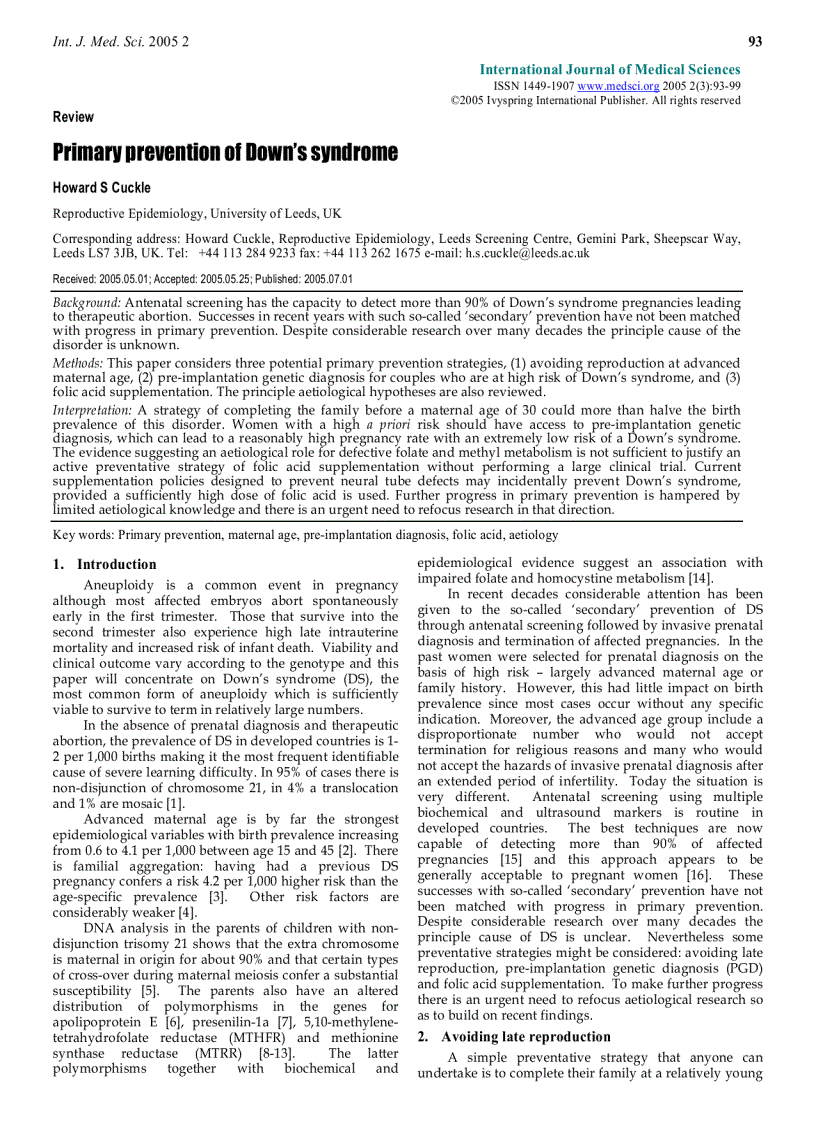 Báo cáo y học Primary prevention of Down s syndrome