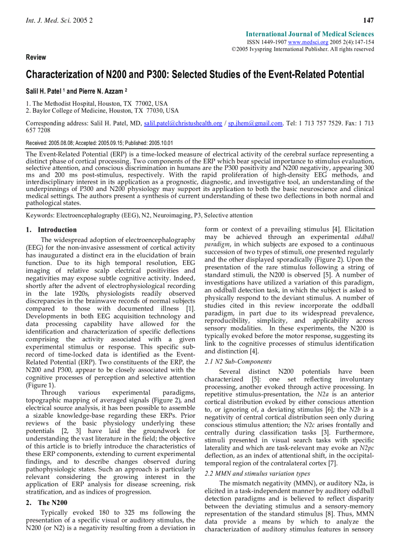 Báo cáo y học Characterization of N200 and P300 Selected Studies of the Event Related Potential Salil H Patel 1 and Pierre N Azzam 2