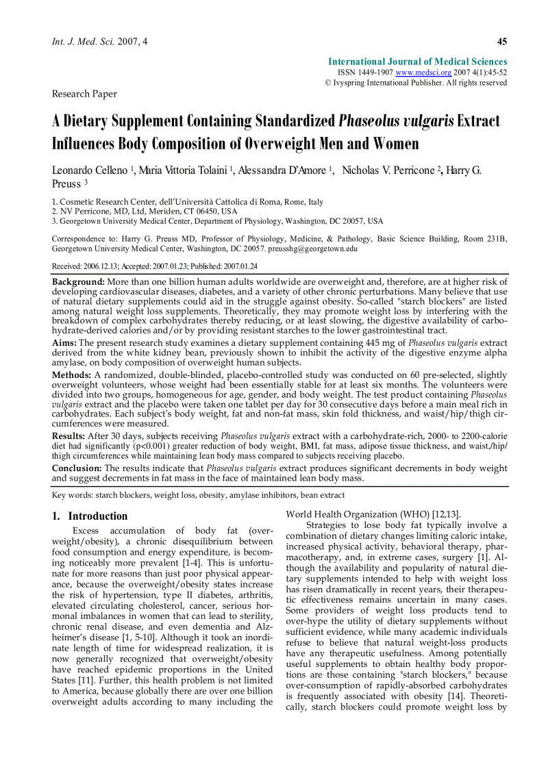 Báo cáo y học A Dietary Supplement Containing Standardized Phaseolus vulgaris Extract Influences Body Composition of Overweight Men and Women