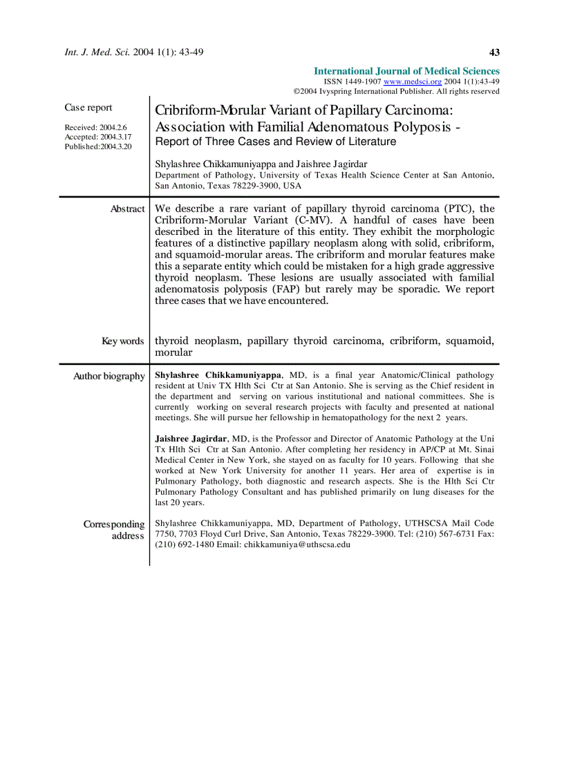 Báo cáo y học ribriform Morular Variant of Papillary Carcinoma Association with Familial Adenomatous Polyposis Report of Three Cases and Review of Literature