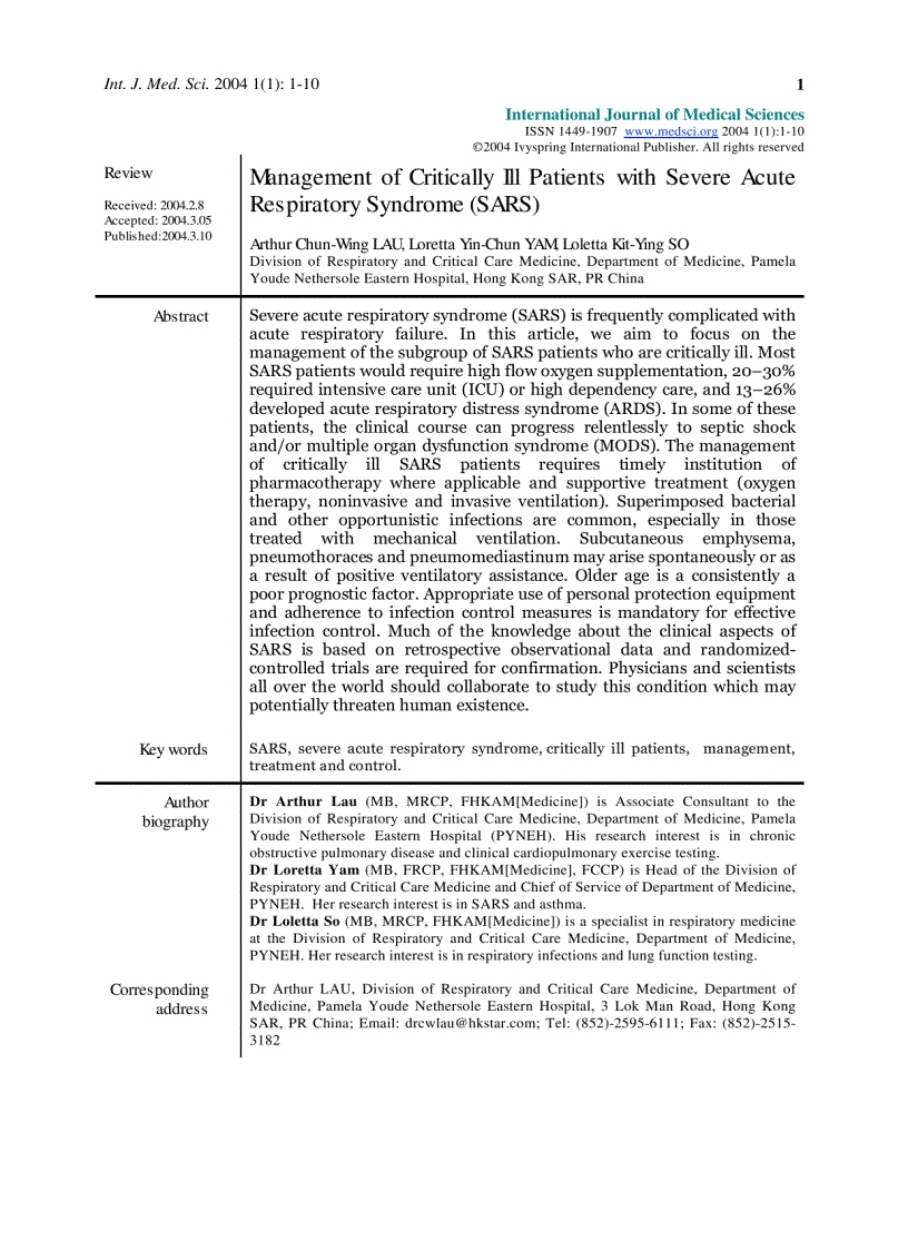 Báo cáo y học Management of Critically Ill Patients with Severe Acute Respiratory Syndrome SARS