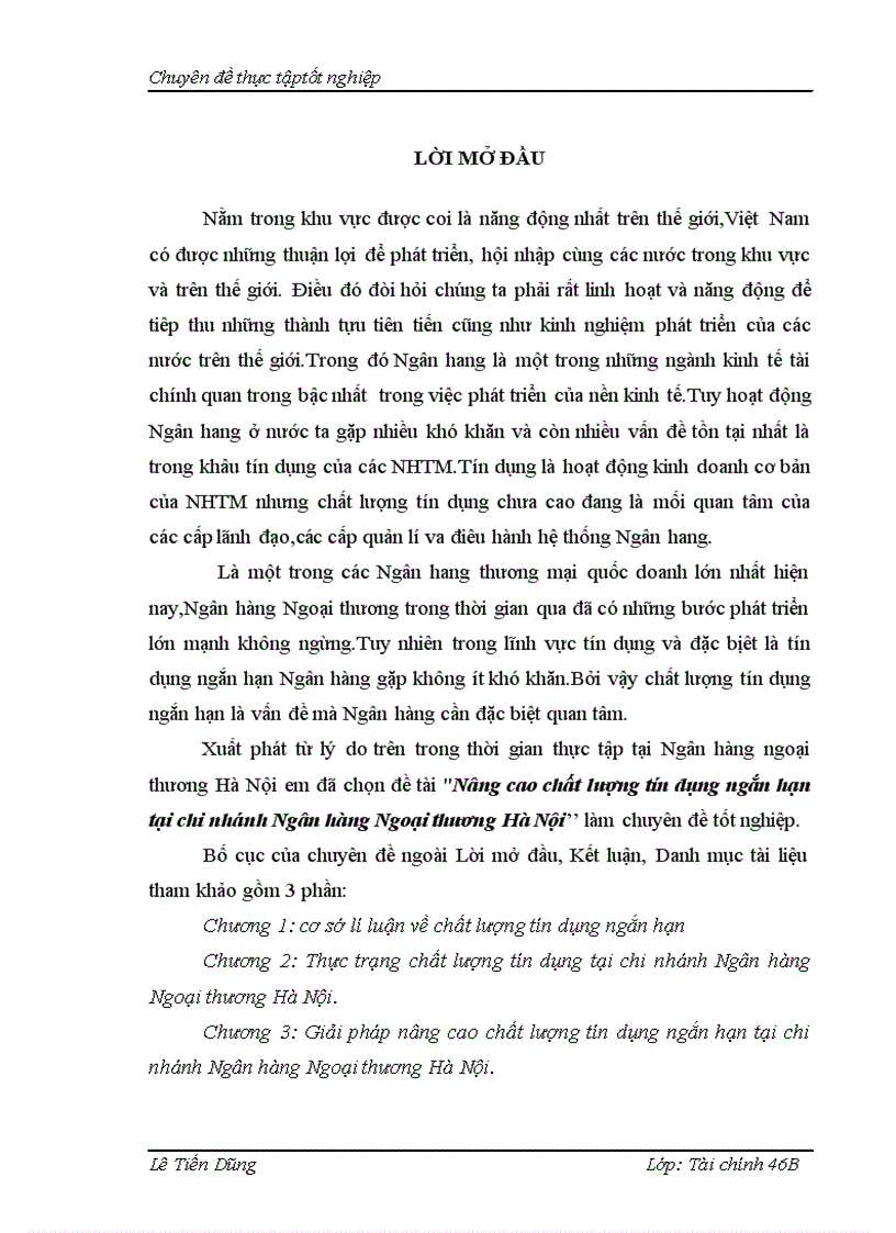 Nâng cao chất lượng tín dụng ngắn hạn tại chi nhánh ngân hàng ngoại thương hà nội