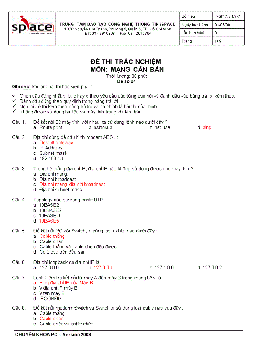 ĐỀ THI TRẮC NGHIỆM MÔN MẠNG CĂN BẢN Đề số 04