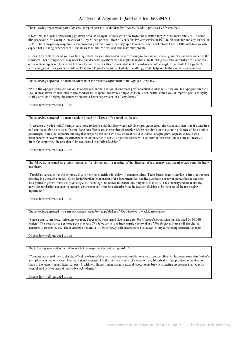 Analysis of Argument Questions for the GMAT