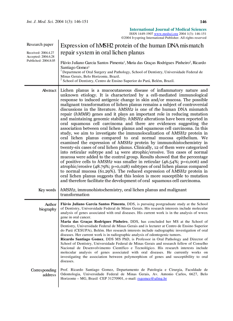 Báo cáo y học Expression of hMSH2 protein of the human DNA mismatch repair system in oral lichen planus