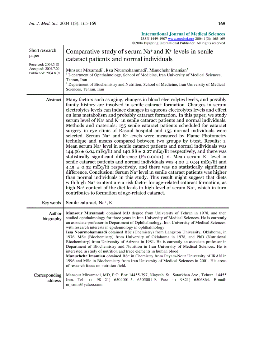 Báo cáo y học Comparative study of serum Na and K levels in senile cataract patients and normal individuals