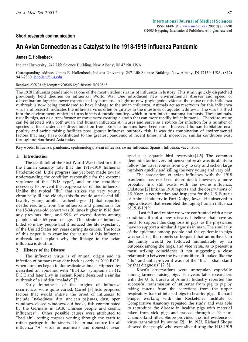 Báo cáo y học An Avian Connection as a Catalyst to the 1918 1919 Influenza Pandemic