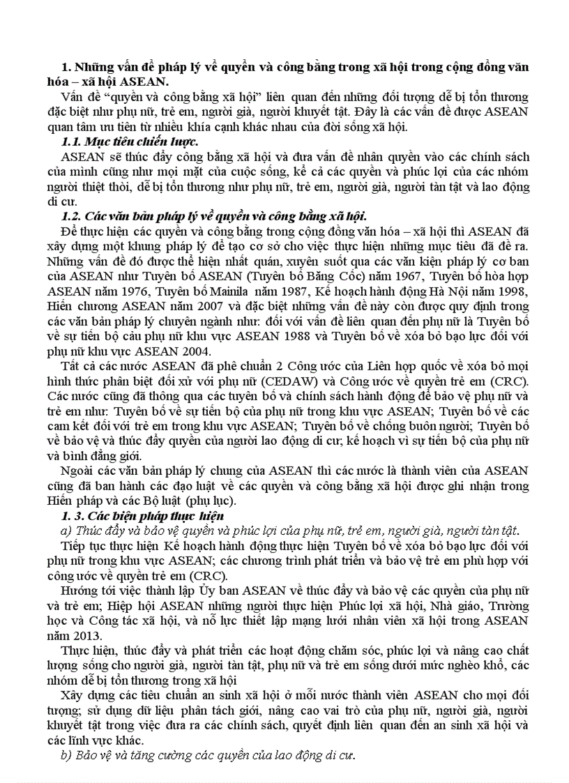 Những vấn đề pháp lý về quyền và công bằng trong cộng đồng văn hóa xã hội asean