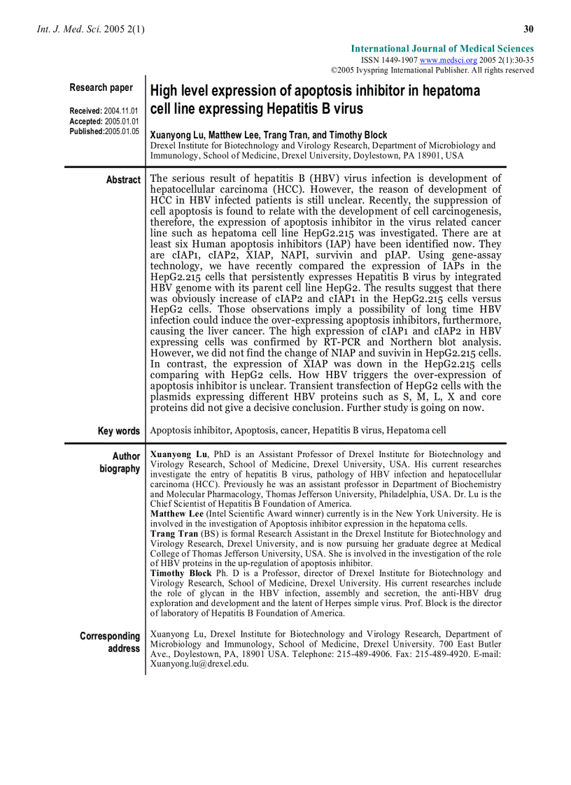 Báo cáo y học High level expression of apoptosis inhibitor in hepatoma cell line expressing Hepatitis