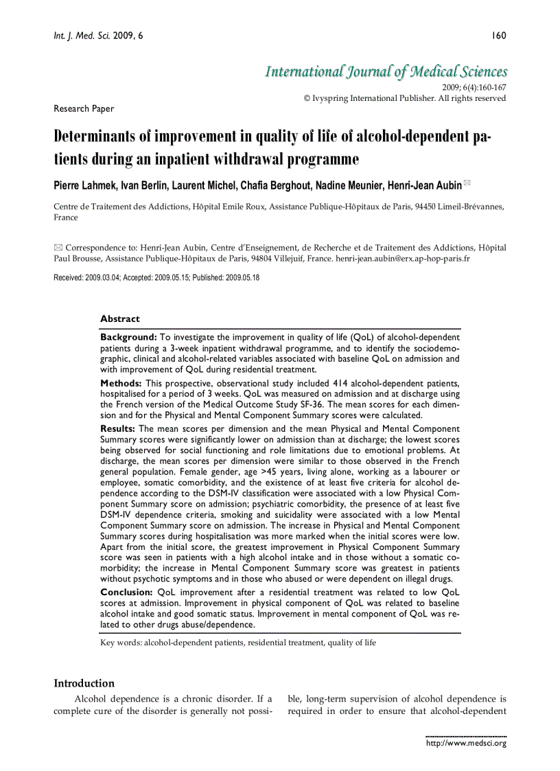 Báo cáo y học Determinants of improvement in quality of life of alcohol dependent patients during an inpatient withdrawal programme