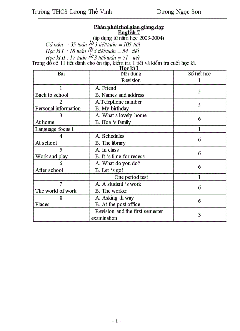 Giáo Án Anh Văn 7 Học Kỳ 1