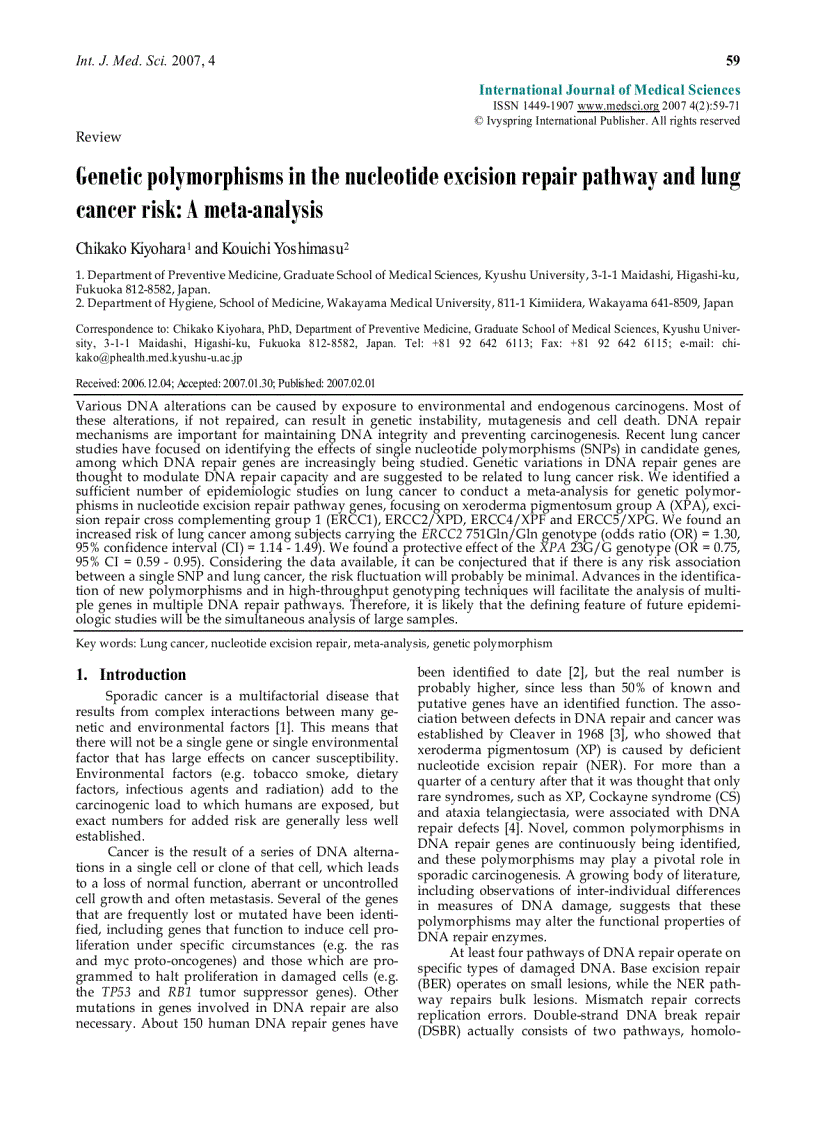 Báo cáo y học Genetic polymorphisms in the nucleotide excision repair pathway and lung cancer risk A meta analysis