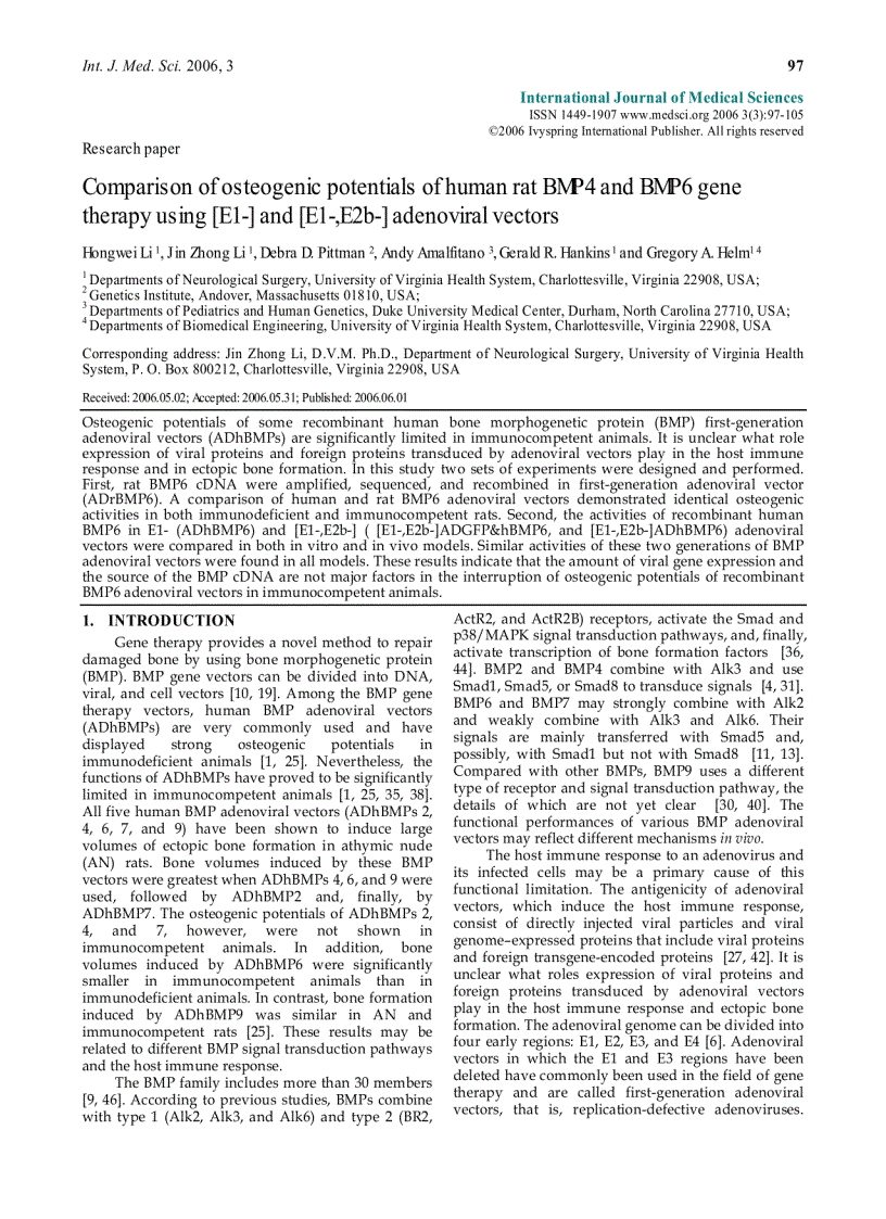 Báo cáo y học Comparison of osteogenic potentials of human rat BMP4 and BMP6 gene therapy using E1 and E1 E2b adenoviral vectors