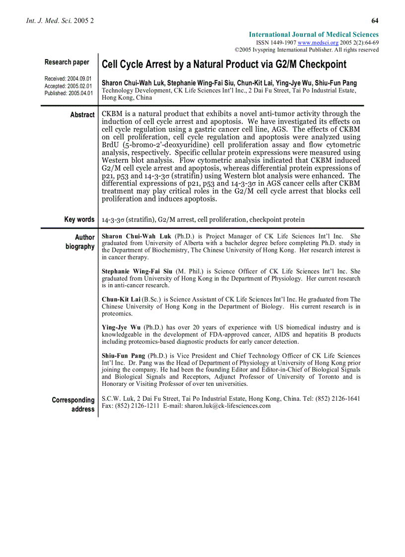 Báo cáo y học Cell Cycle Arrest by a Natural Product via G2 M Checkpoint