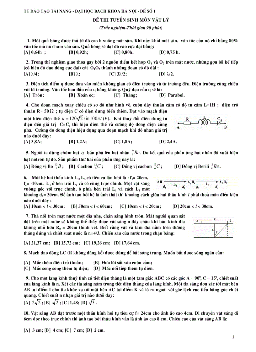Đề thi tuyển sinh môn vật lý
