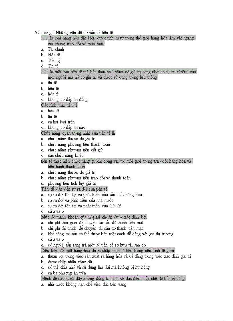 Trắc nghiệm tài chính tiền tệ