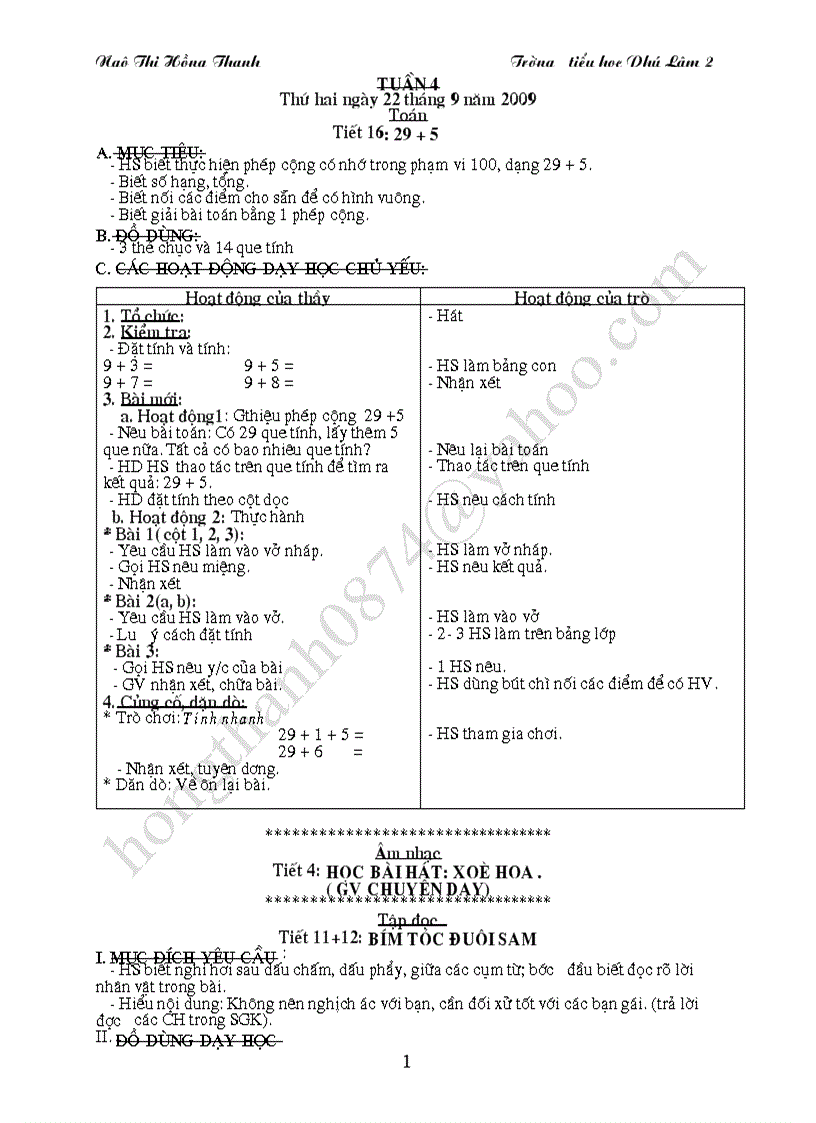 Giáo án lớp 2 tuần 4 năm 2009