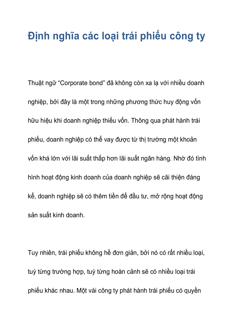 Định nghĩa các loại trái phiếu công ty