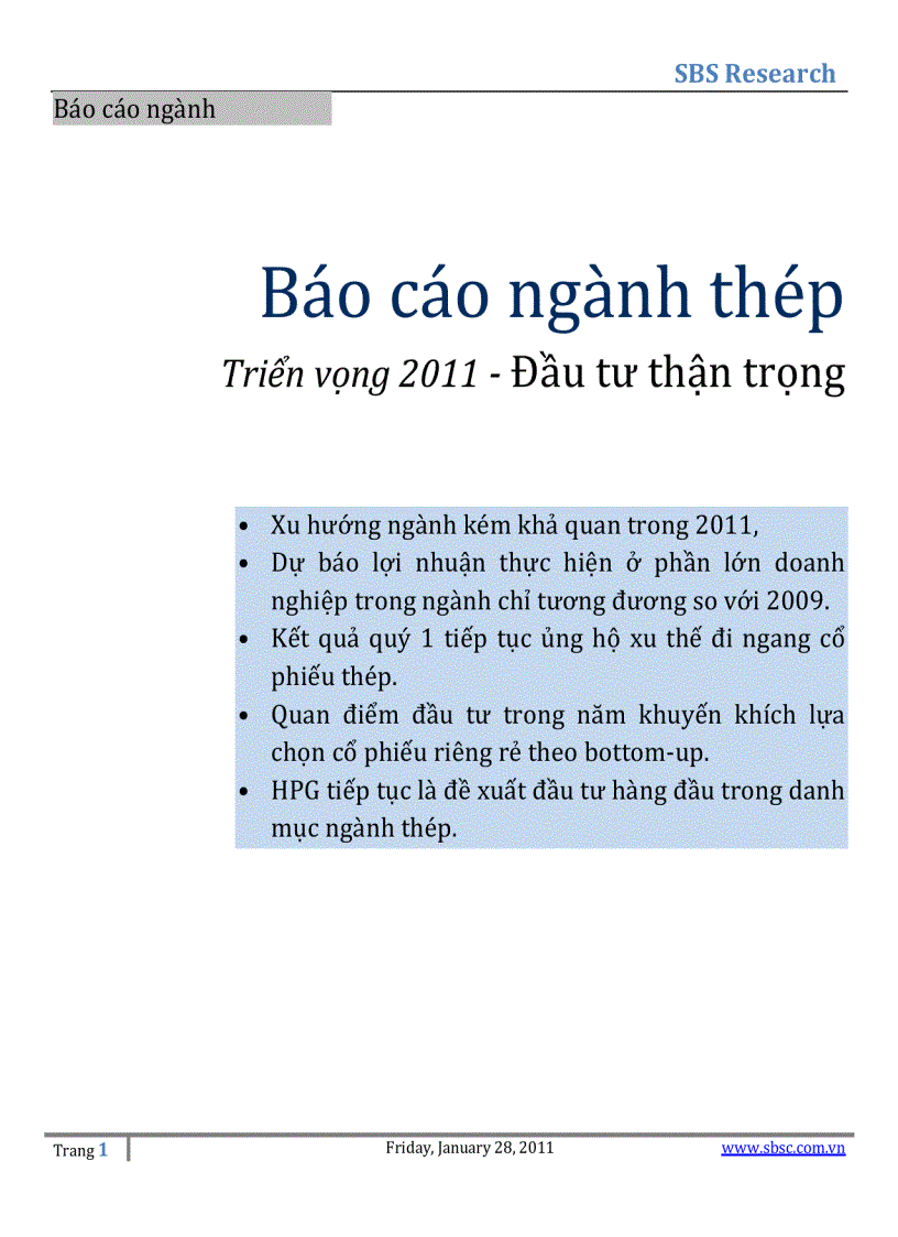 Báo cáo ngành thép Triển vọng 2011 Đầu tư thận trọng