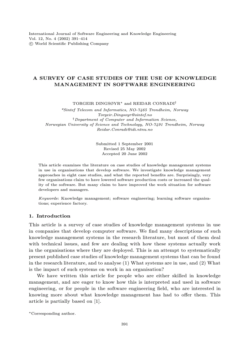 Survey of case studies of the use of knowledge management in software engineering