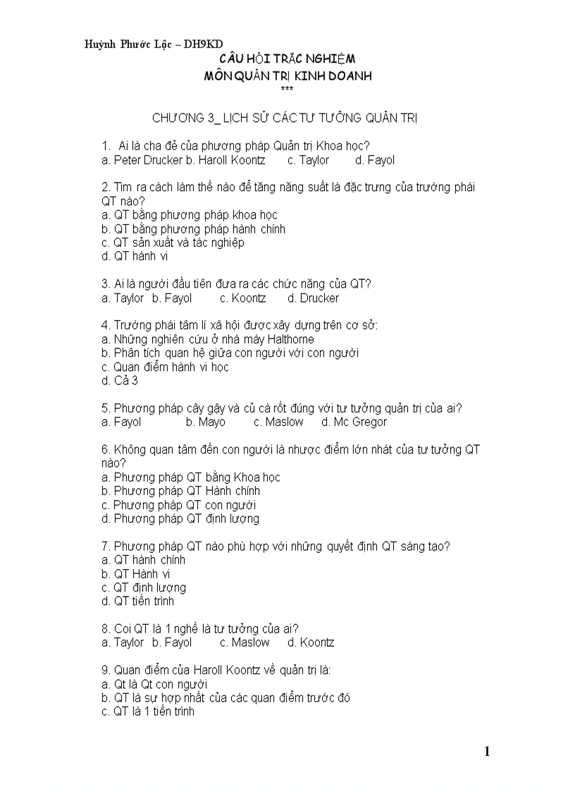 Câu hỏi trắc nghiệm môn quản trị kinh doanh