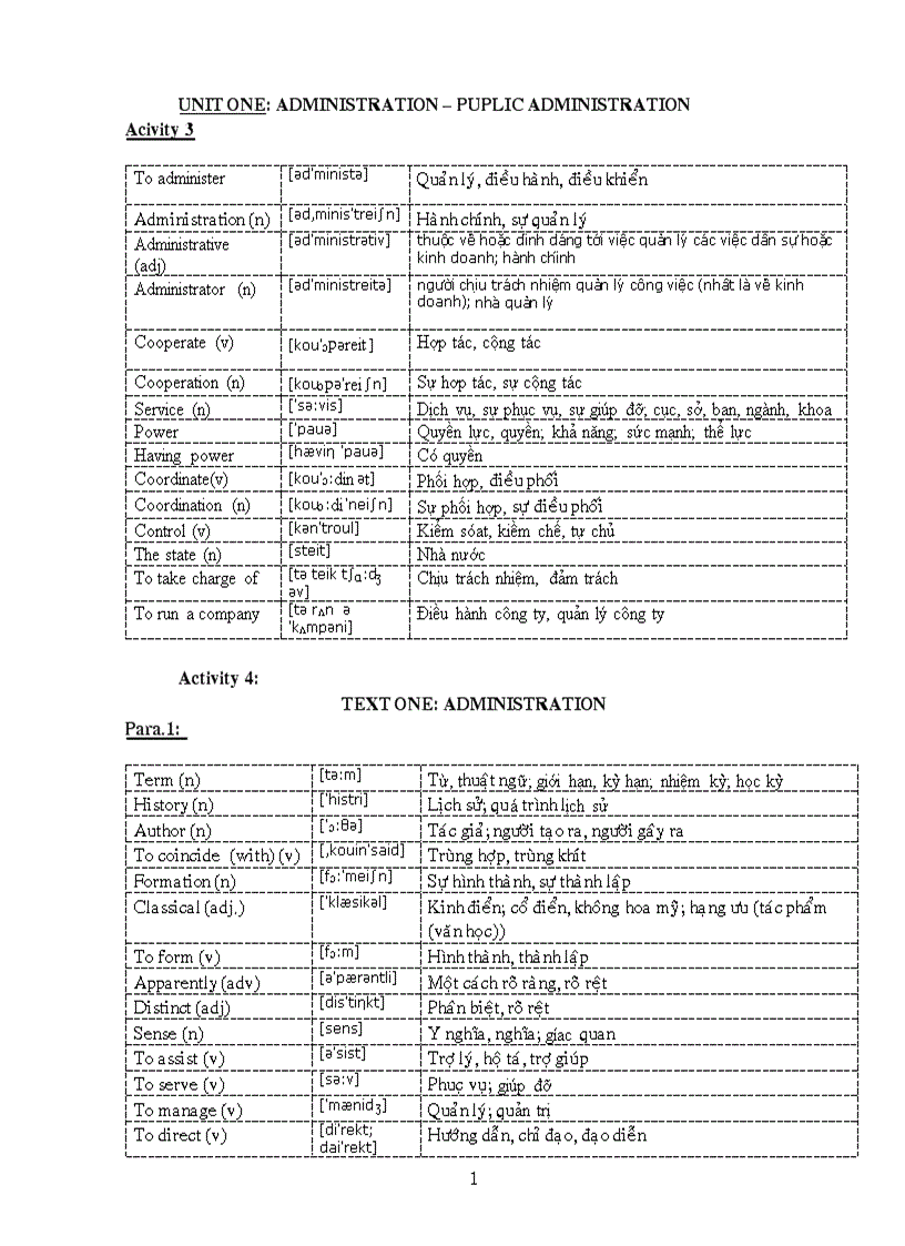 Từ vựng Anh văn chuyên ngành cao học hành chính