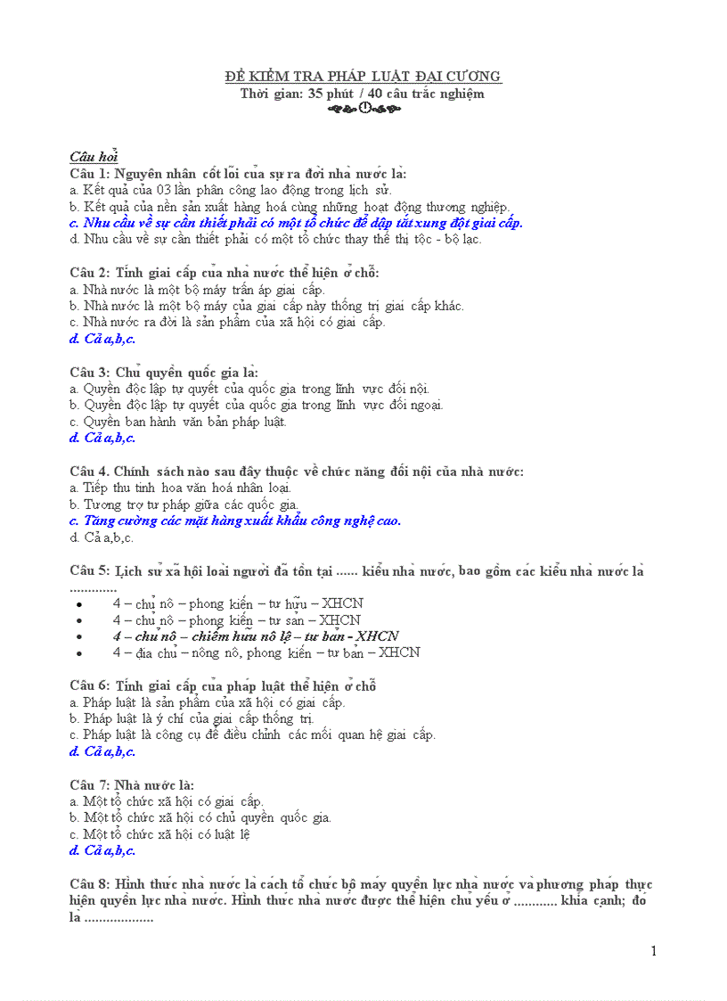 Đề kiểm tra pháp luật đại cương Thời gian 35 phút 40 câu trắc nghiệm