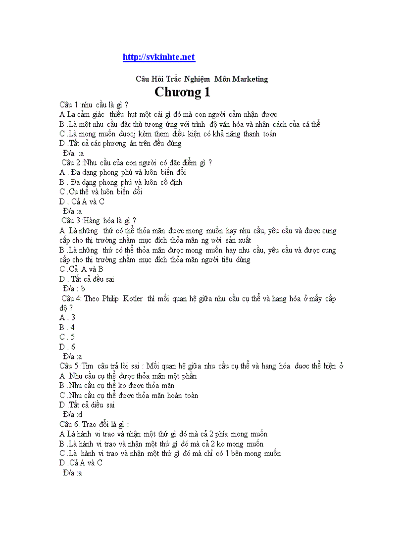 Câu Hỏi Trắc Nghiệm Môn Marketing 1