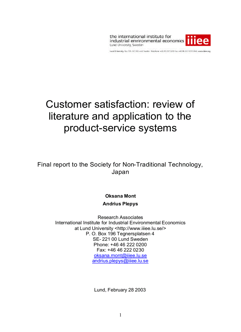 Customer satisfaction review of literature and application to the product service systems