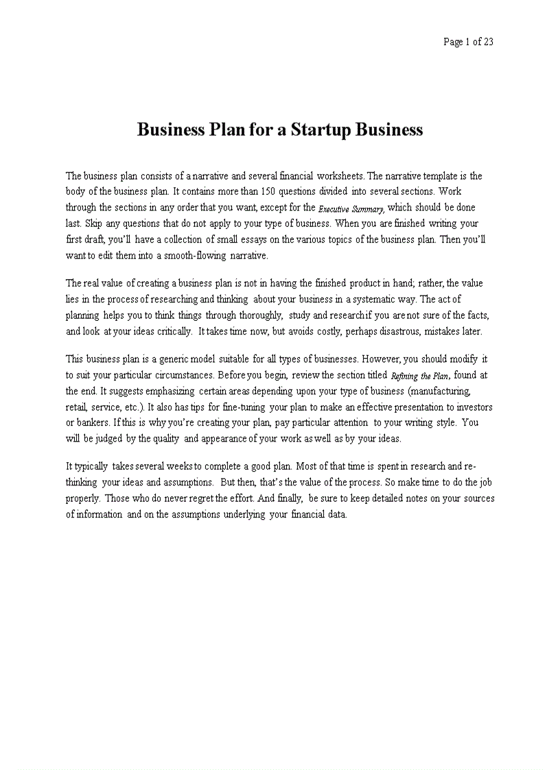 Business Plan for a Startup Business 1