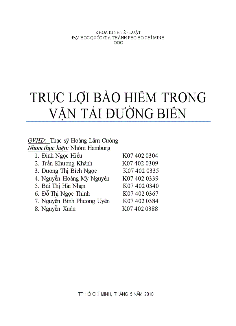 Tiểu luận trục lợi bảo hiểm trong vận tải đường biển