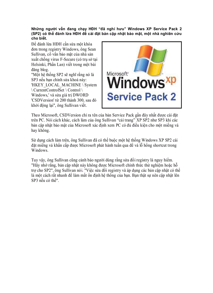 Sửa registry cho phép vá Windows XP SP2