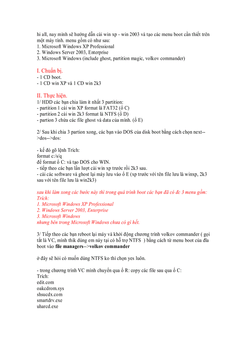 Cài Win XP Win 2k3 và tạo các menu boot cần thiết