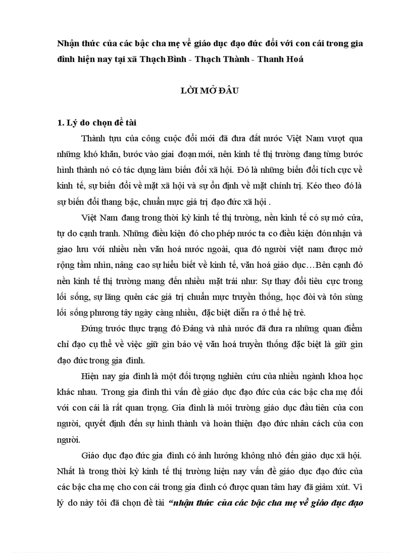 Nhận thức của các bậc cha mẹ về giáo dục đạo đức đối với con cái trong gia đình hiện nay tại xã Thạch Thành Thạch Bình Thanh Hóa