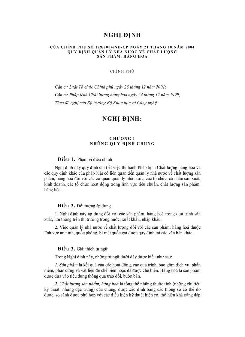 Nghị định của chính phủ quy định quản lý nhà nước về chất lượng sản phẩm hàng hoá