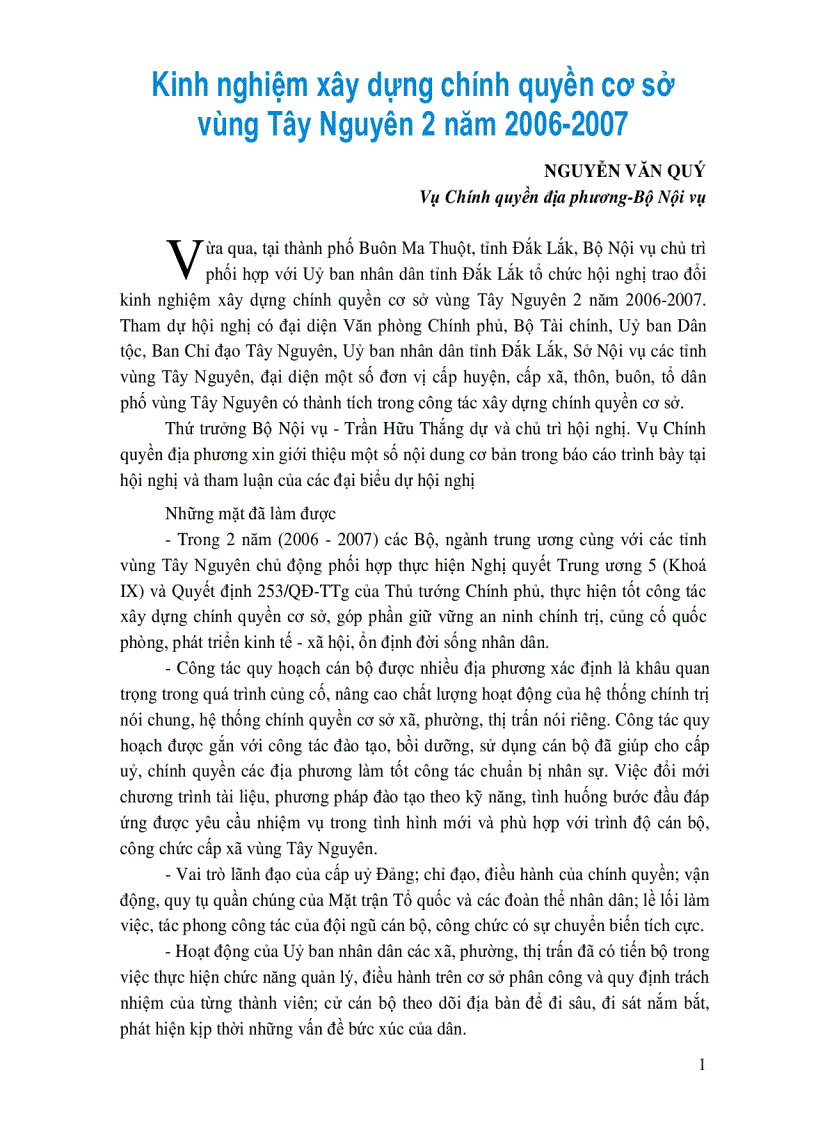 Kinh nghiệm xây dựng chính quyền cõ sở vùng Tây Nguyên 2 nãm 2006 2007