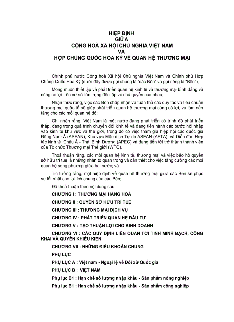 Hiệp định giữa cộng hoà xã hội chủ nghĩa việt nam và hợp chủng quốc hoa kỳ về quan hệ thương mại