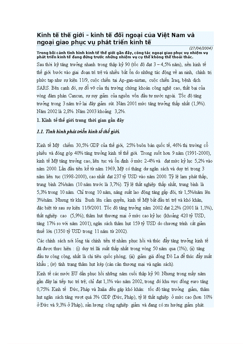 Kinh tế thế giới kinh tế đối ngoại của Việt Nam và ngoại giao phục vụ phát triển kinh tế
