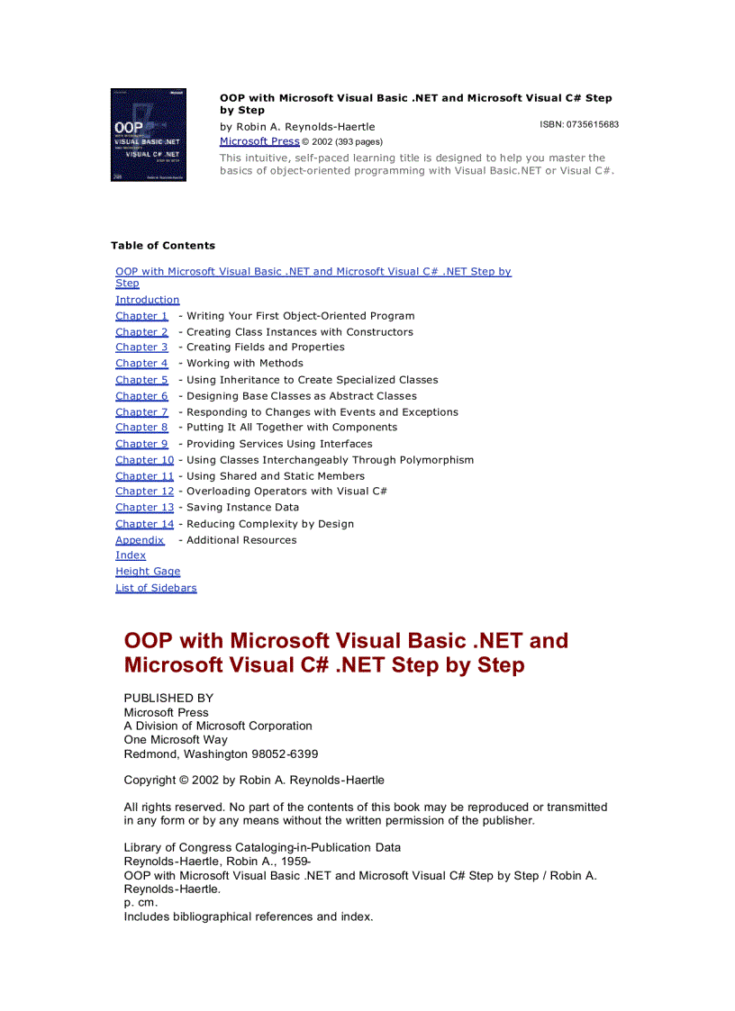 OOP with Microsoft Visual Basic NET and Microsoft Visual C Step by Step