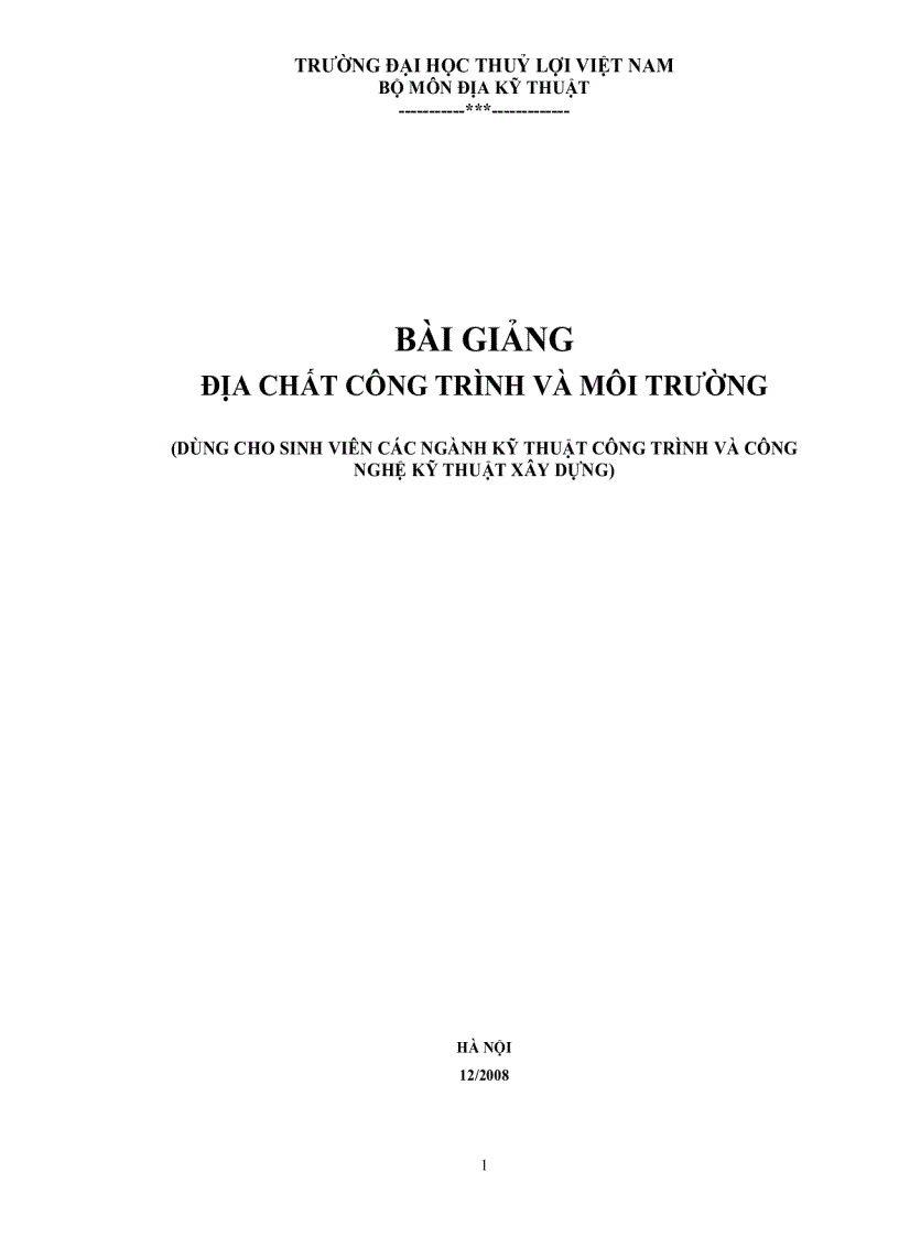 Bài giảng Địa chất công trình và môi trường ĐH Thủy Lợi HN