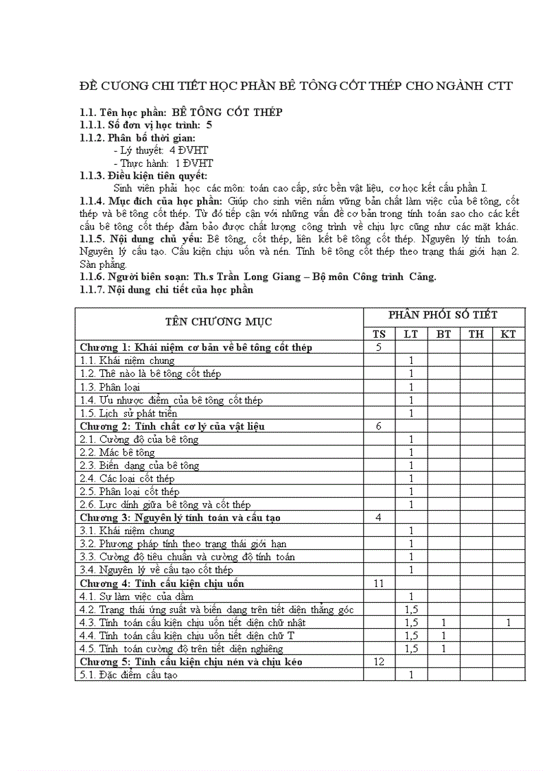 Đề cương chi tiết học phần bê tông cốt thép cho ngành ctt