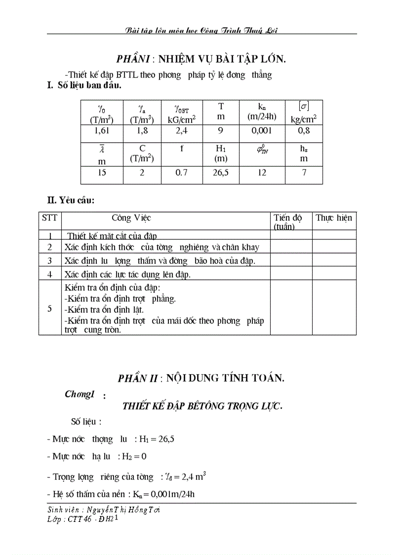 Bài tập lớn môn học Công Trình Thuỷ Lợi