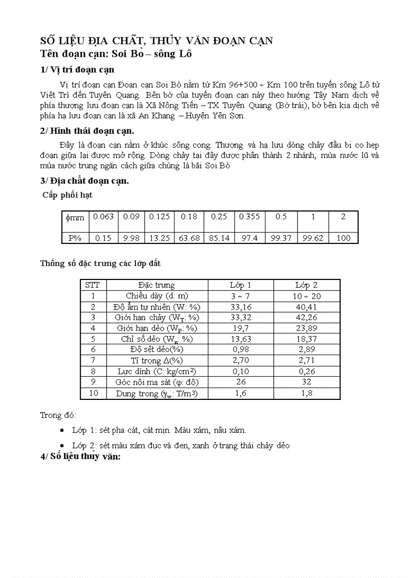 SỐ LIỆU ĐỊA CHẤT THỦY VĂN ĐOẠN CẠN Tên đoạn cạn Soi Bò sông Lô